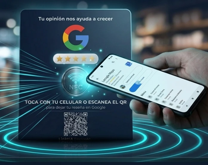 Soporte NFC de reseñas de Google con un celular acercándose